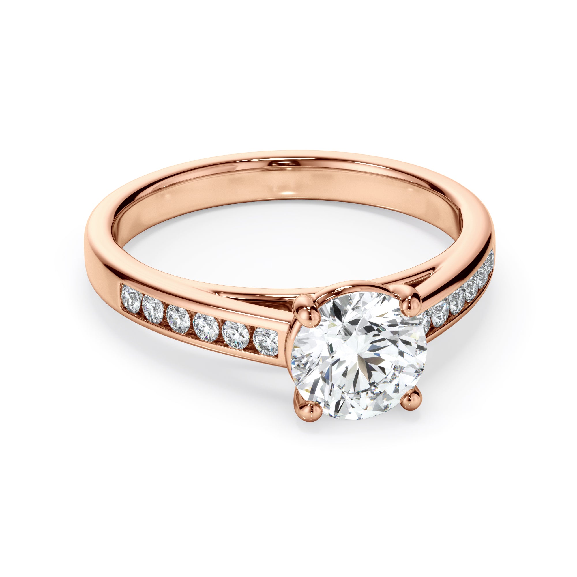18ct Rose Gold Round Brilliant Cut Solitaire with Diamond Set Shoulders Ring
