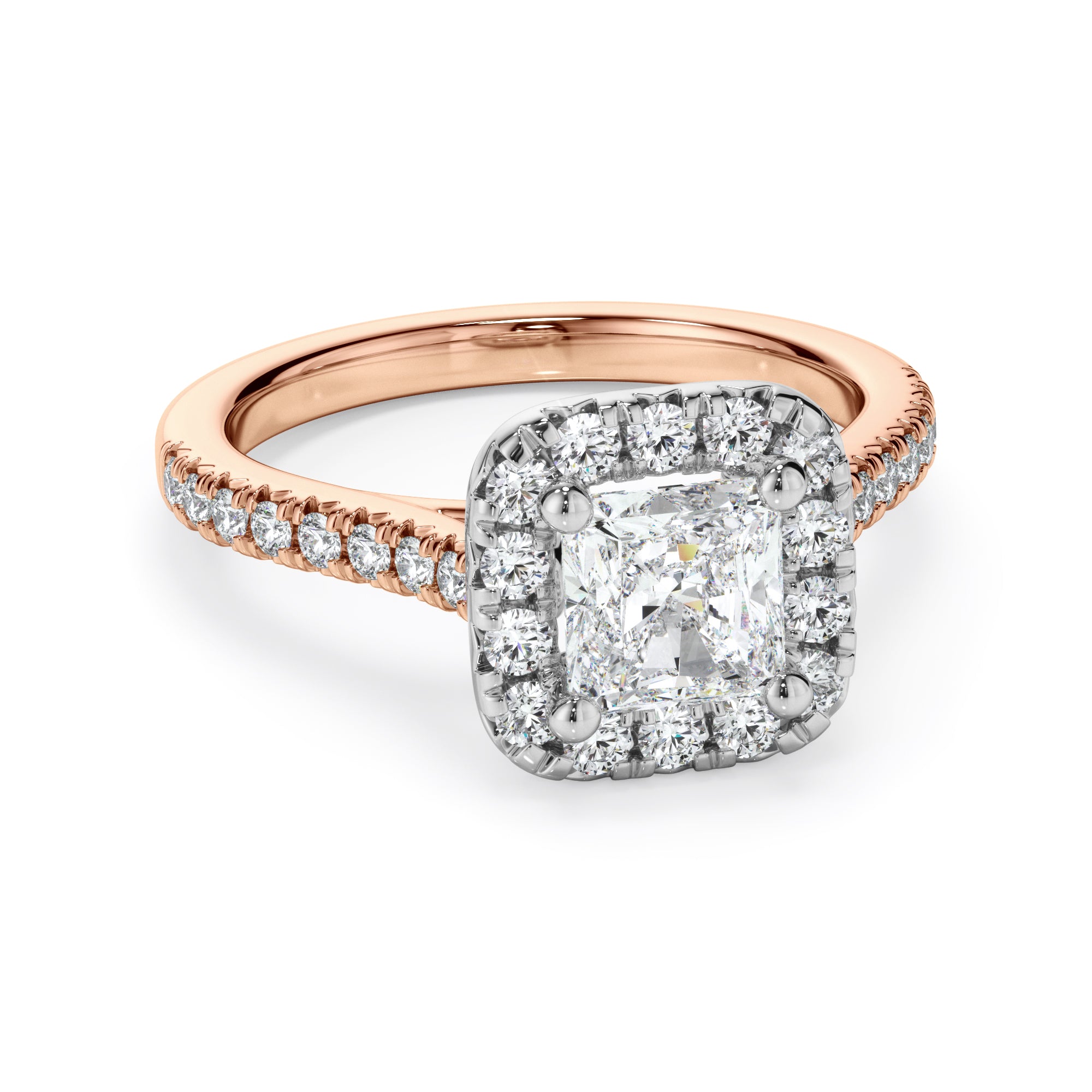 18ct Rose Gold Cushion Cut Halo Diamond Engagement Ring