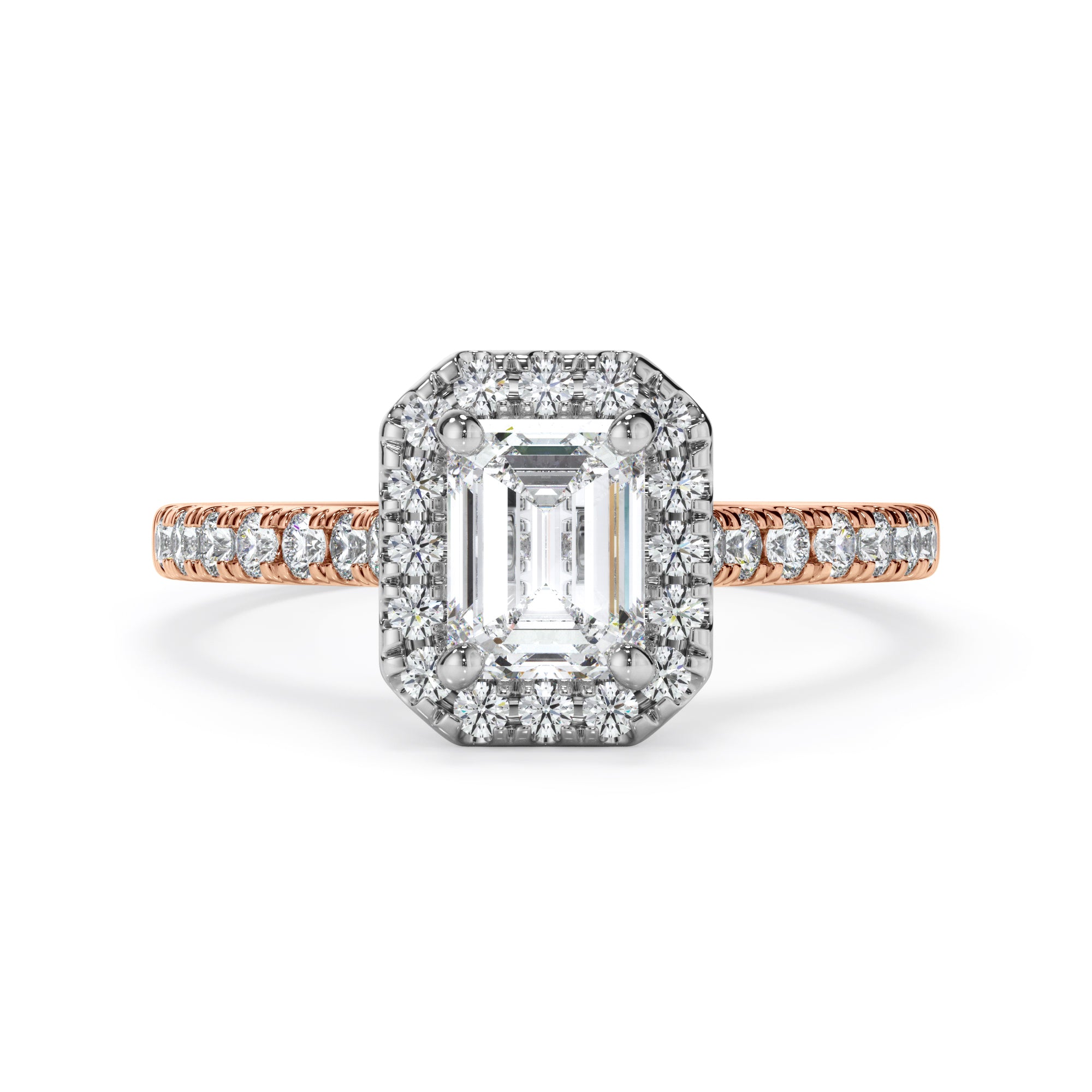 18ct Rose and Platinum Emerald Cut Halo Diamond Engagement Ring
