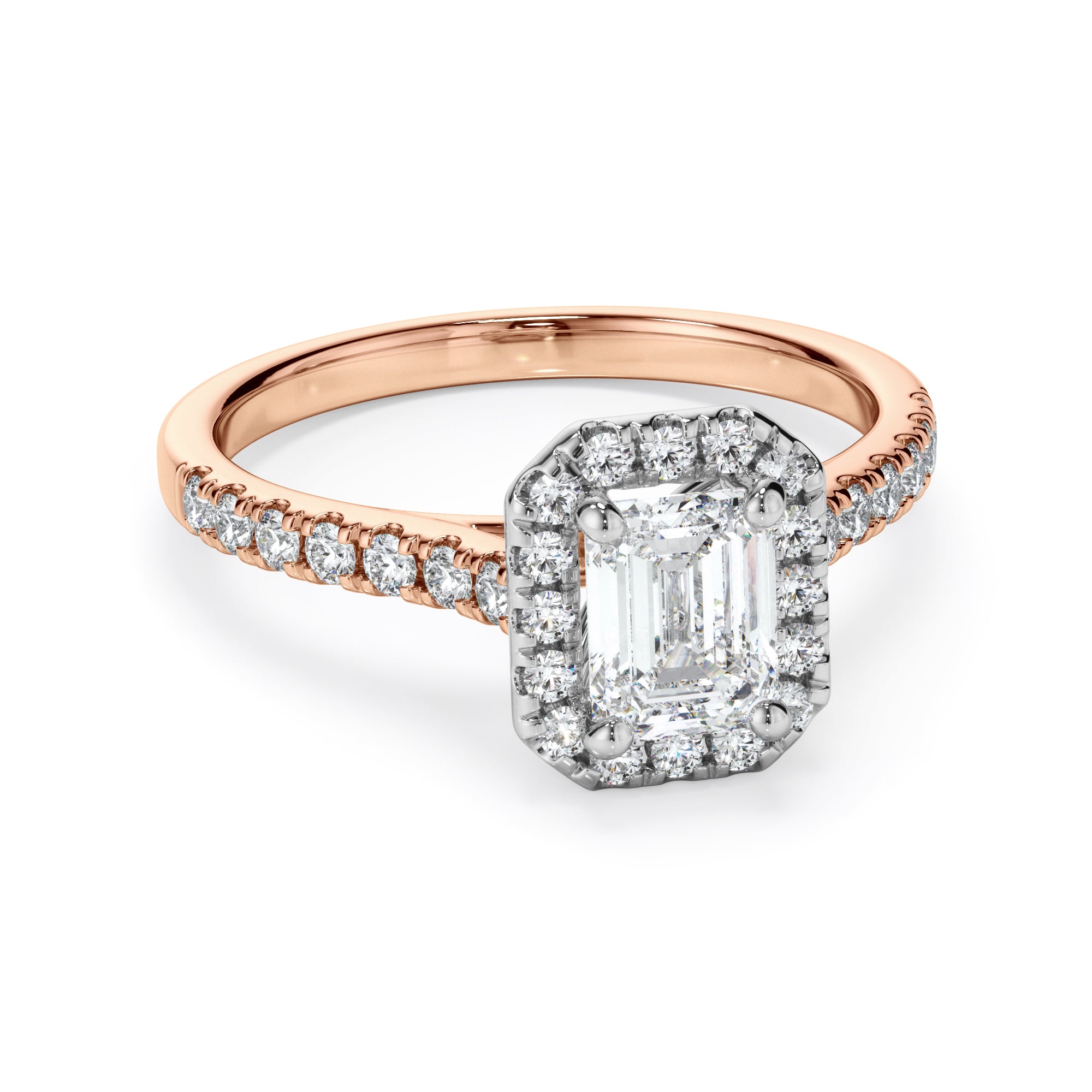 18ct Rose and Platinum Emerald Cut Halo Diamond Engagement Ring