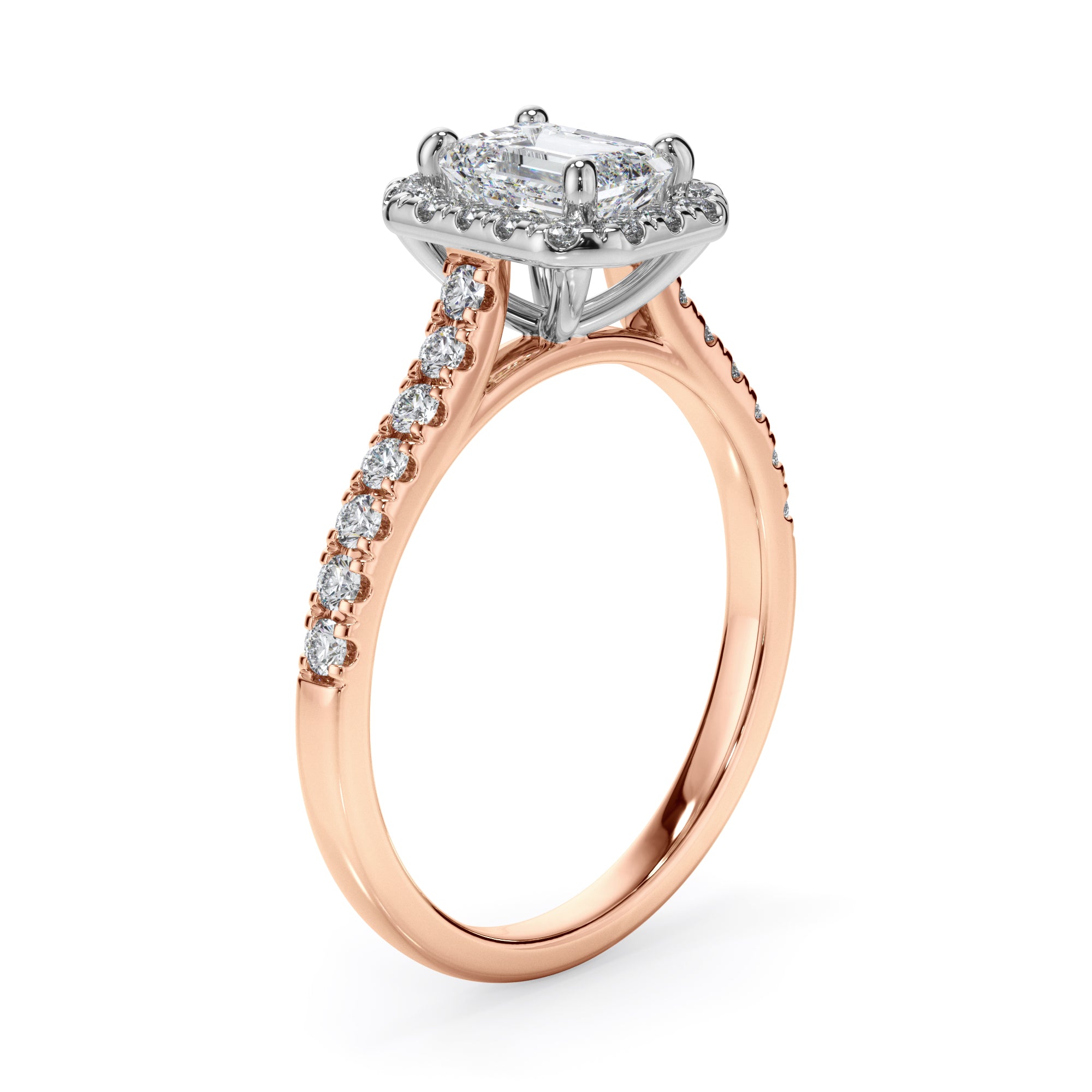 18ct Rose and Platinum Emerald Cut Halo Diamond Engagement Ring