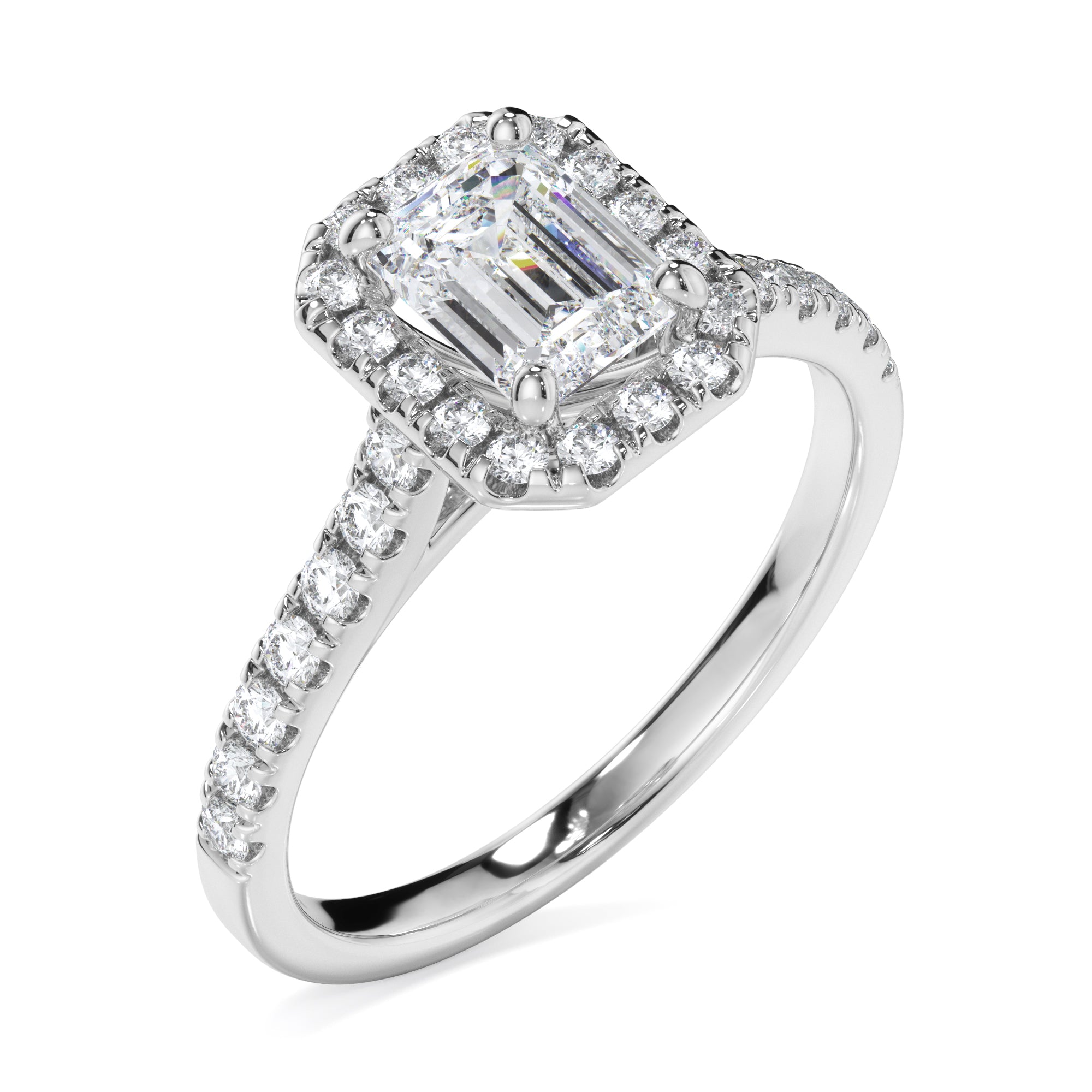 Platinum Emerald Cut Halo Diamond Engagement Ring