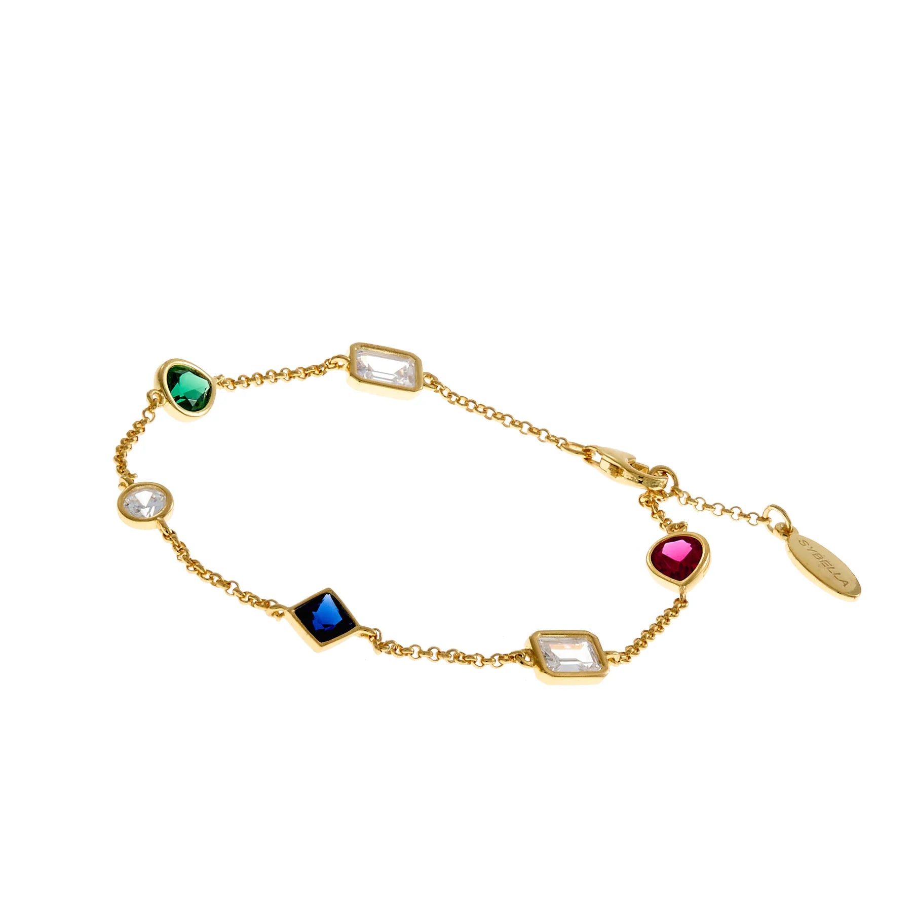 Sybella Mila Sapphire, Emerald, Green and Ruby Gold Plate Multi Shape Cubic Zirconia Bracelet