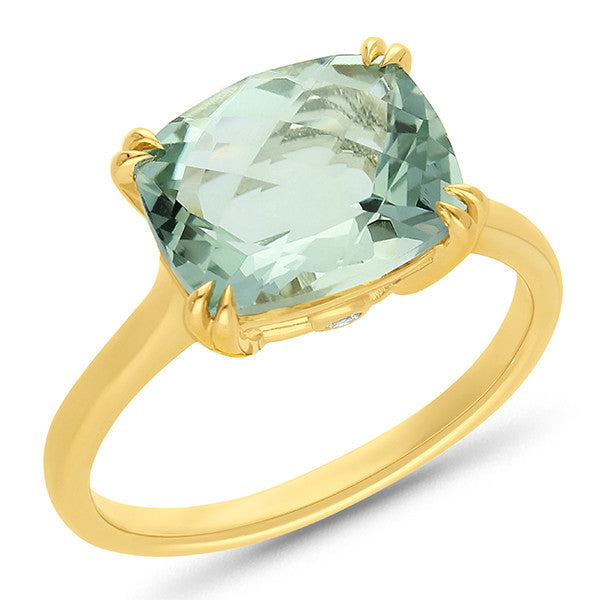 9ct Yellow Gold Cushion Checker Cut Green Amethyst Ring