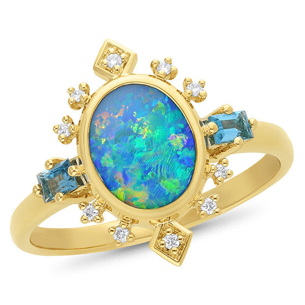 9ct Yellow Gold Doublet Opal, London Blue Topaz and Lab Grown Diamond Ring