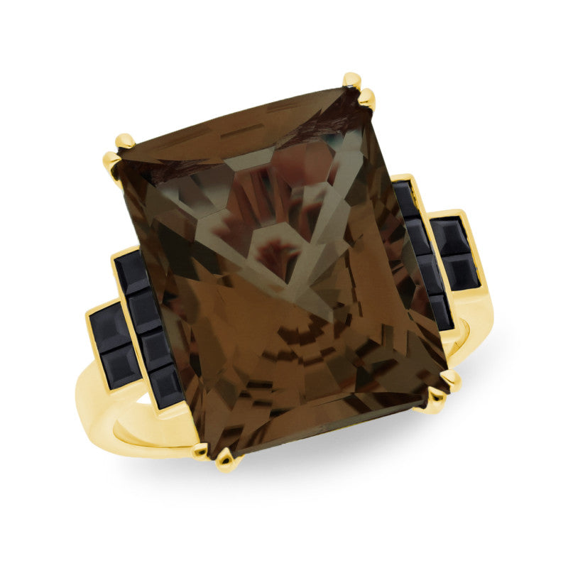 9ct yellow Gold Sqaure Baguette Smokey Quartz and Sapphire Ring