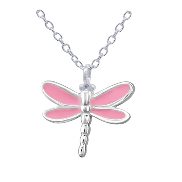 Sterling Silver Pink Enamel Dragonfly Pendant and Chain