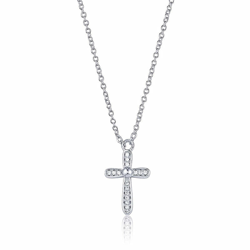 Rhodium Plated Sterling Silver CZ Cross Necklace