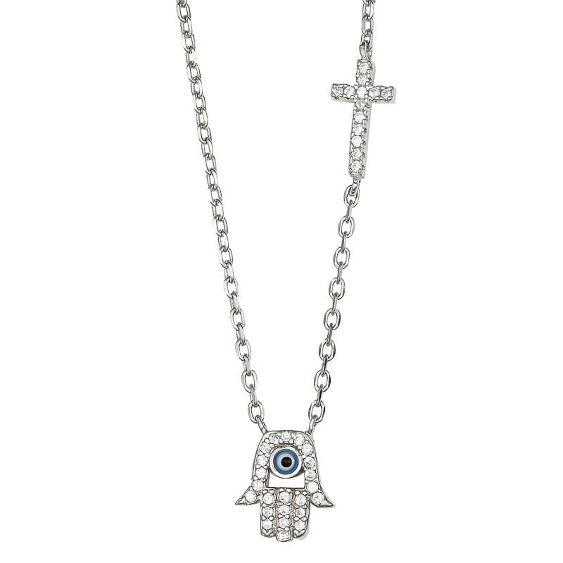 Rhodium Plated Sterling Silver Evil Eye Hand of Fatima with Cross CZ Necklace