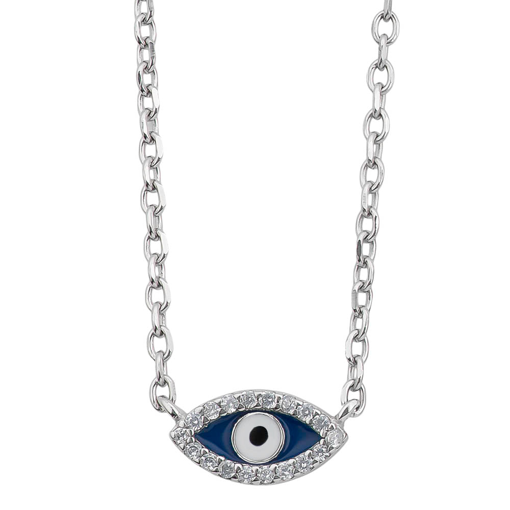 Rhodium Plated Sterling Silver Evil Eye CZ Necklace