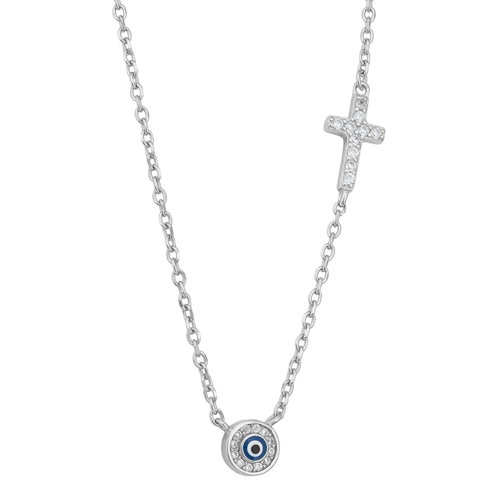 Sterling Silver Rhodium Plated Cubic Zirconia Cross and Evil Eye Necklace