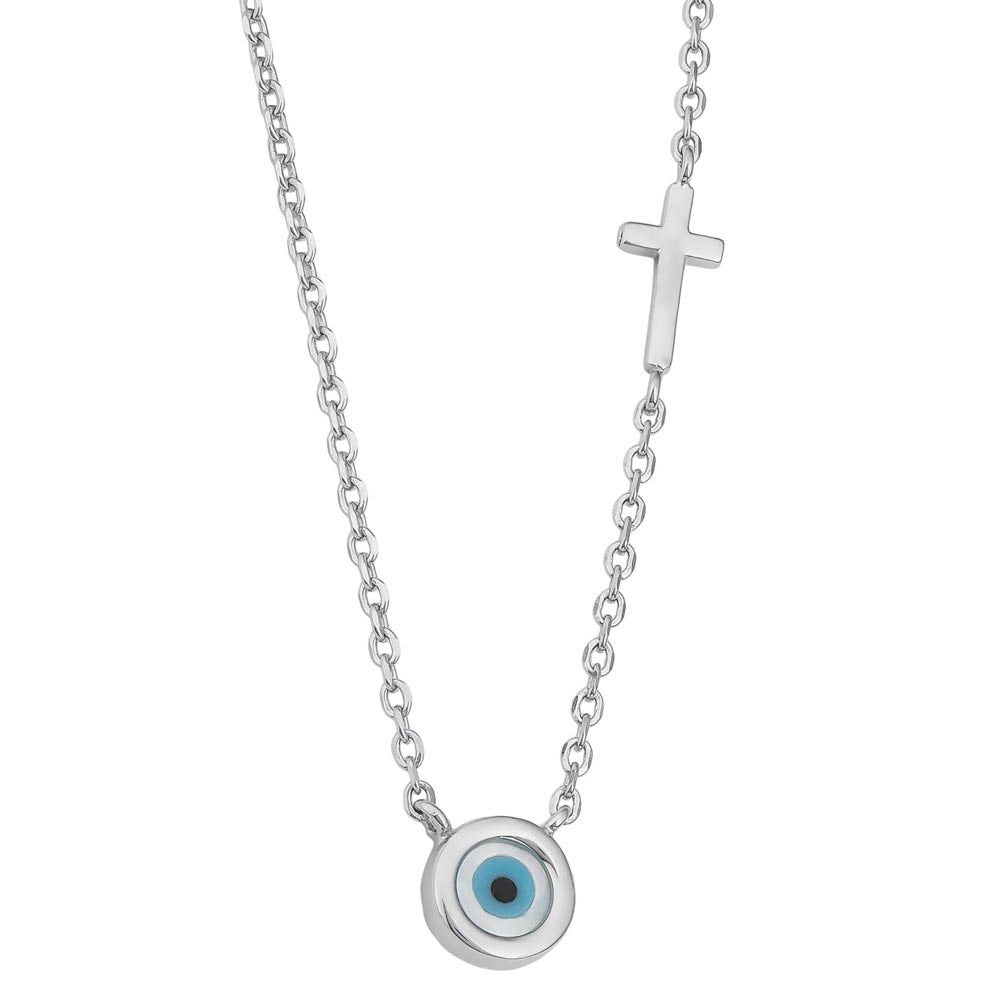 Rhodium Plated Sterling Silver Evil Eye and Cross Necklace