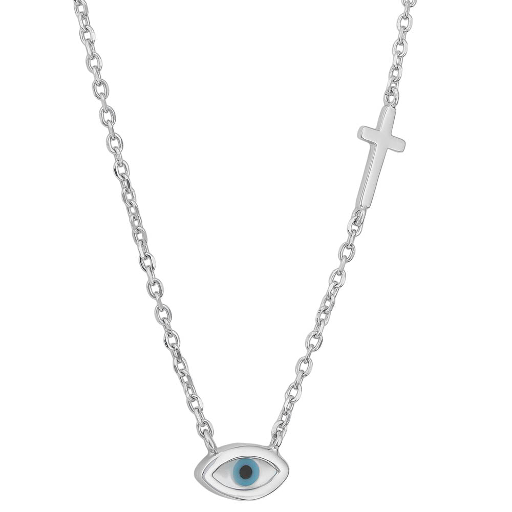 Rhodium Plated Sterling Silver Evil Eye and Cross Necklace