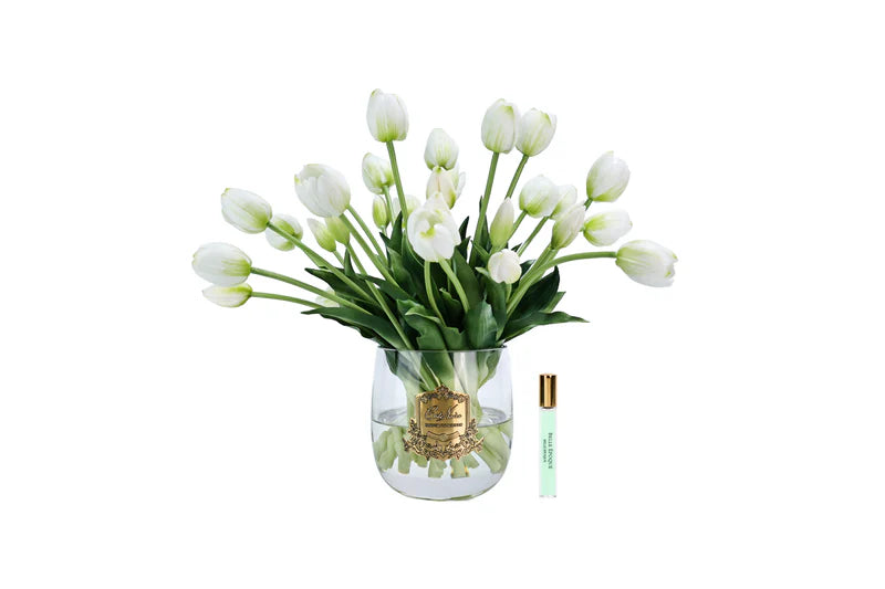 Cote Noire Heritage Tulips - Clear Vase with Gold Badge - White