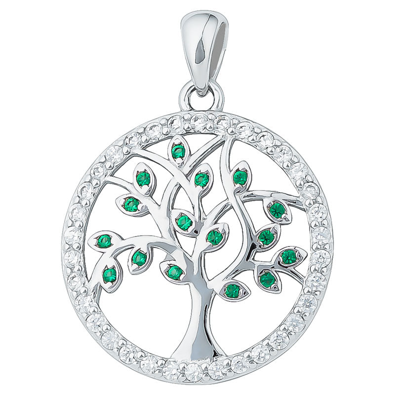 Rhodium Plated Sterling Silver Green Cubic Zirconia Set Tree of Life Pendant