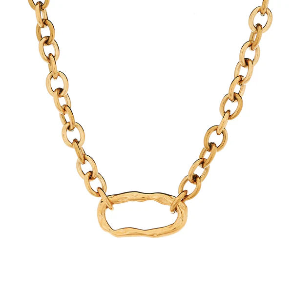 Sybella Ines Gold Plate Stainless Steel Necklace with Beaten Oval Link