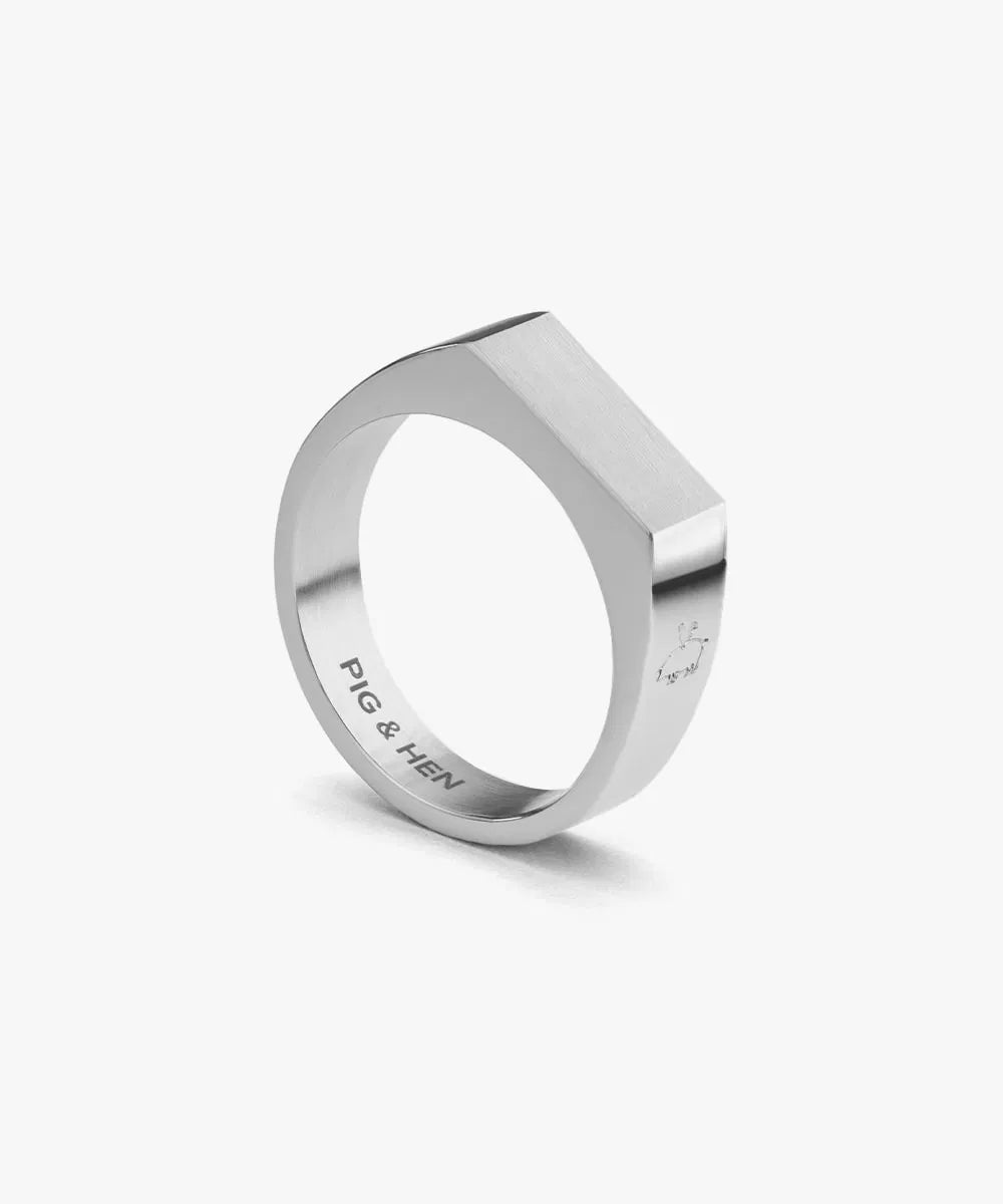 Pig and Hen Signet Ring 6mm Slim Silver