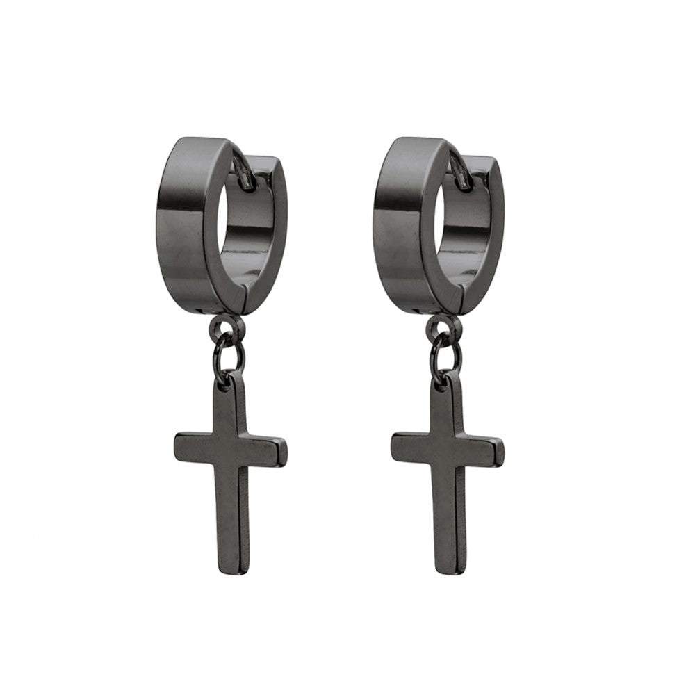 Black Stainless Steel Mens Huggies with Square Drop Cross
