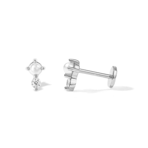 Sterling Silver Flat Back Single Earring with Pearl and Cubic Zirconia