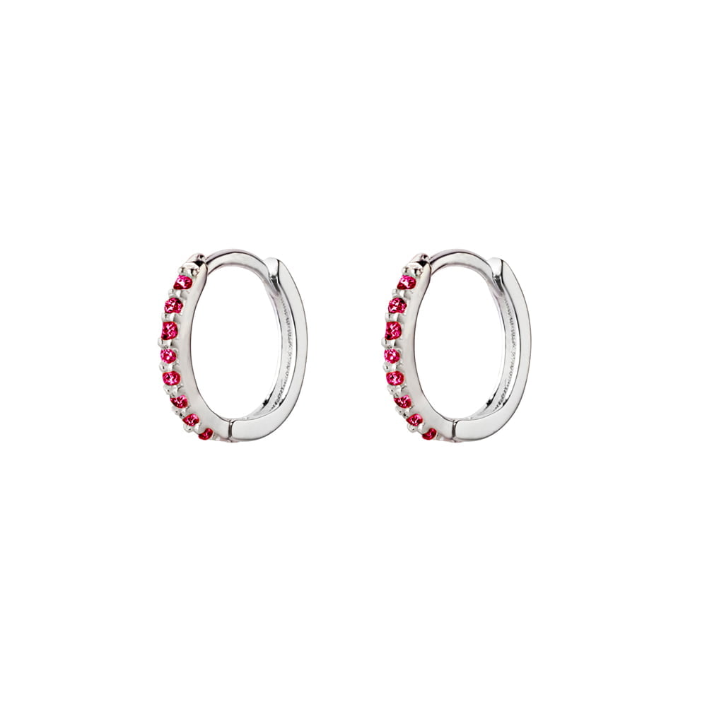 Sterling Silver Huggie Earrings with Ruby Pink Cubic Detail