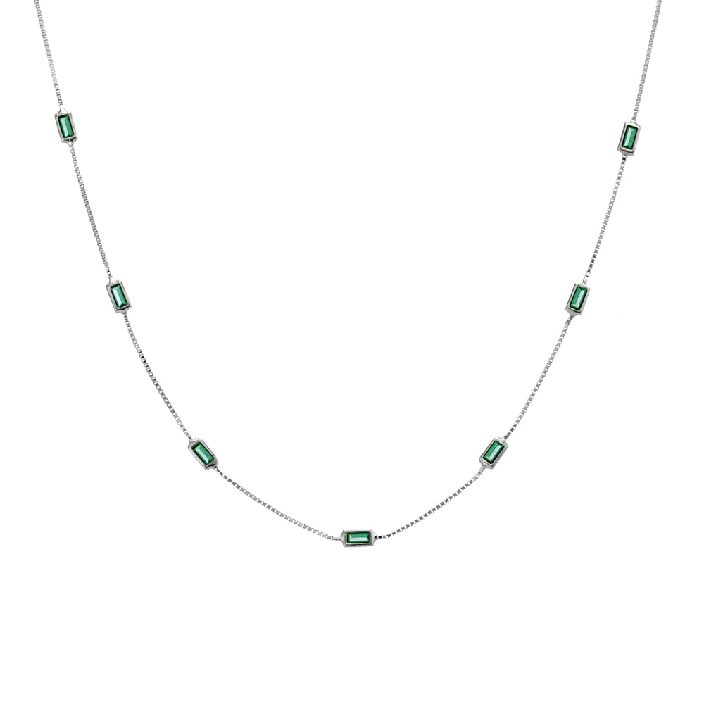 Sterling Silver Fine Box Chain with Multi Baguette set Emerald Cubic Zirconias