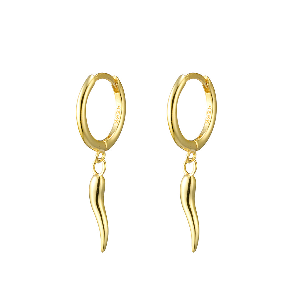 Gold Plated Plain Huggie Earrings with 'cornicello' Horn Charm