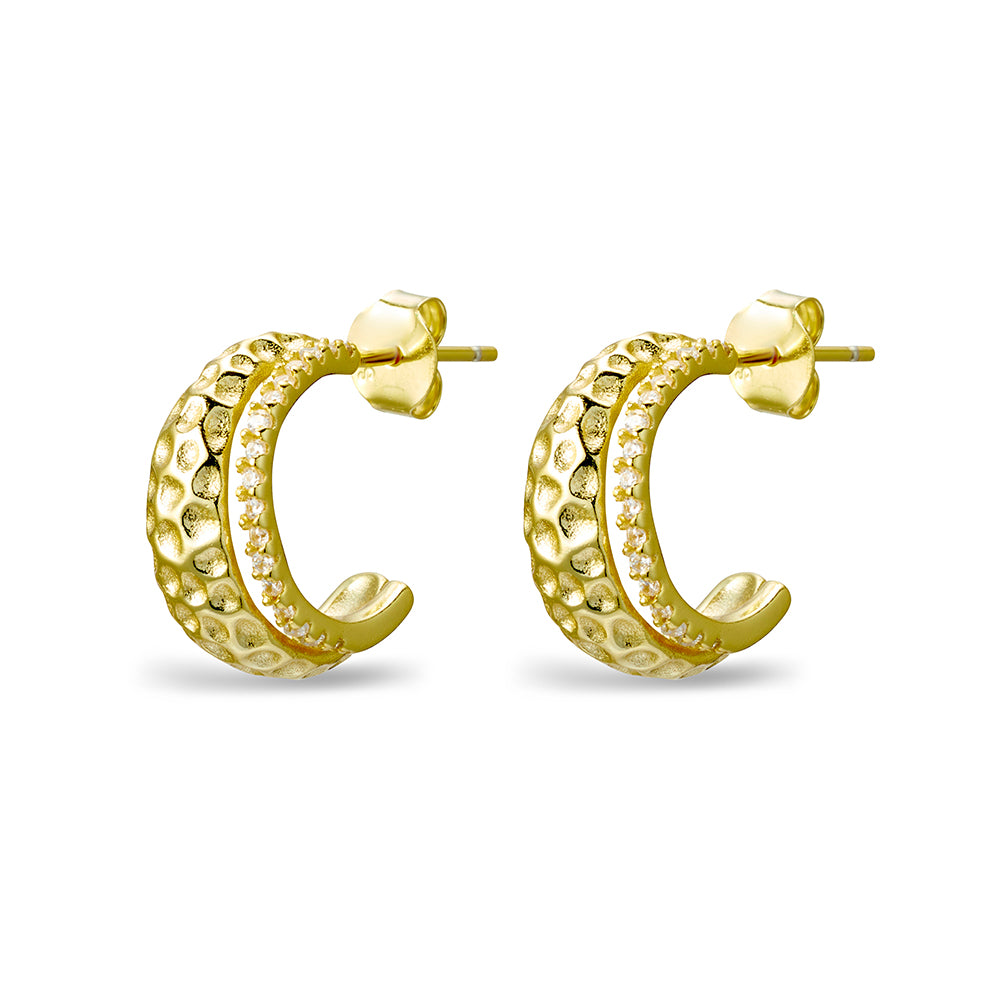 Gold Plated Hammered Hoop with Cubic Zirconia Detail