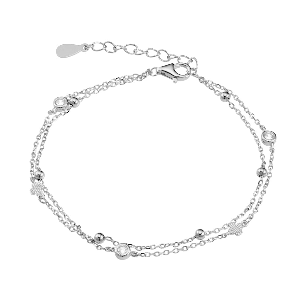 Premium silver plated double chain bracelet with CZ, ball and cross detail
