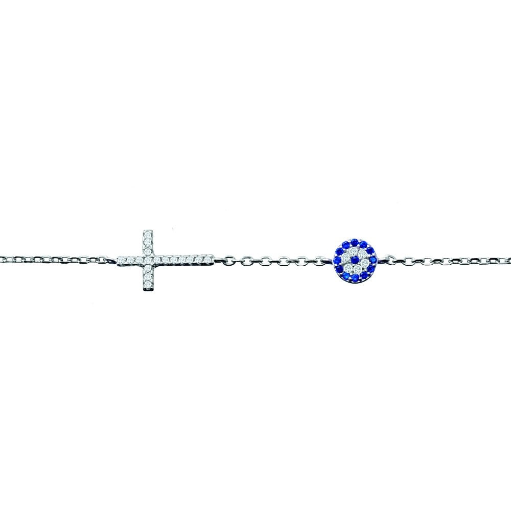 Sterling Silver Cubic Zirconia Evil Eye Cross Bracelet