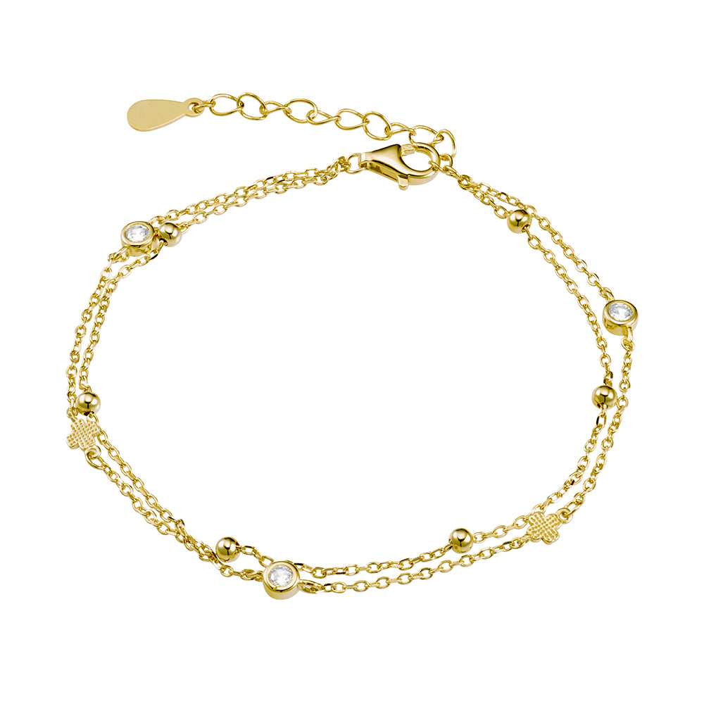 Gold Plated Double Chain Bracelet with Cubic Zirconia, ball and cross detail