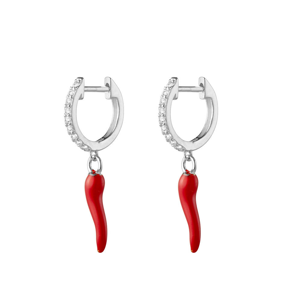 Sterling Silver Cubic Zirconia Huggie Earrings with Red "Cornicello" Horn Charm