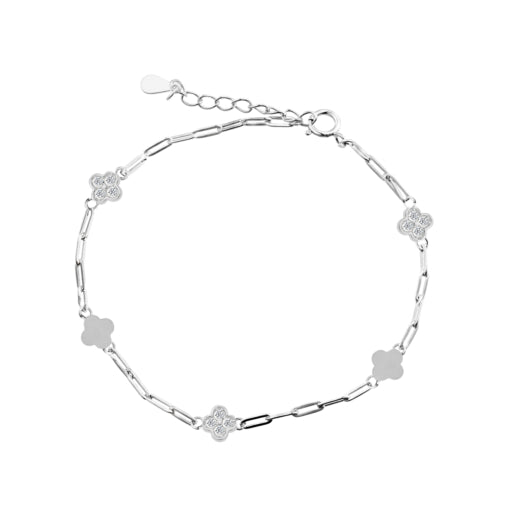 Sterling silver paperclip Mother of Pearl & CZ floral bracelet