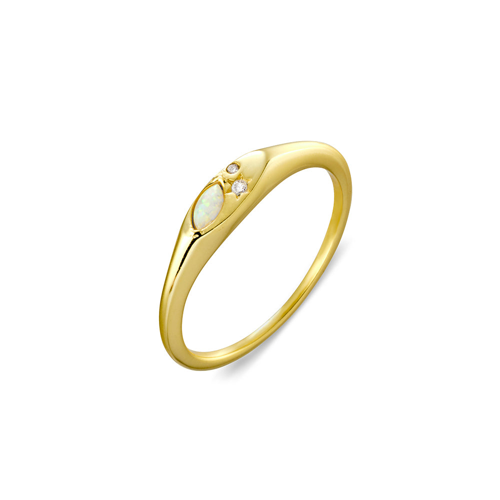 Gold Plated Fine Oval Signet Ring with Opalite and Cubic Zirconia