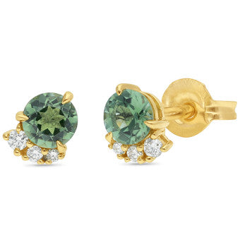 9ct Yellow Gold Mint Tourmaline and Natural Diamond Stud Earrings