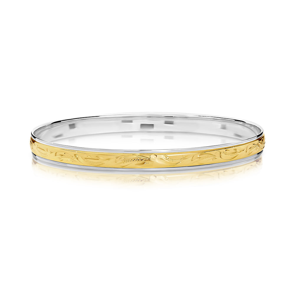 9ct Yellow Gold and Sterling Silver Hand Engraved Patterned Bangle