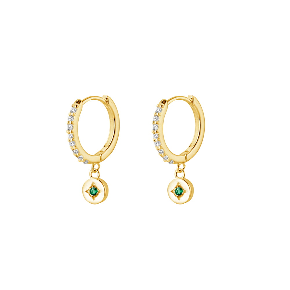 Gold Plated Emerald Cubic Zirconia Details Huggies with Charm