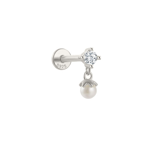 Sterling silver flat back single CZ and pearl drop earring