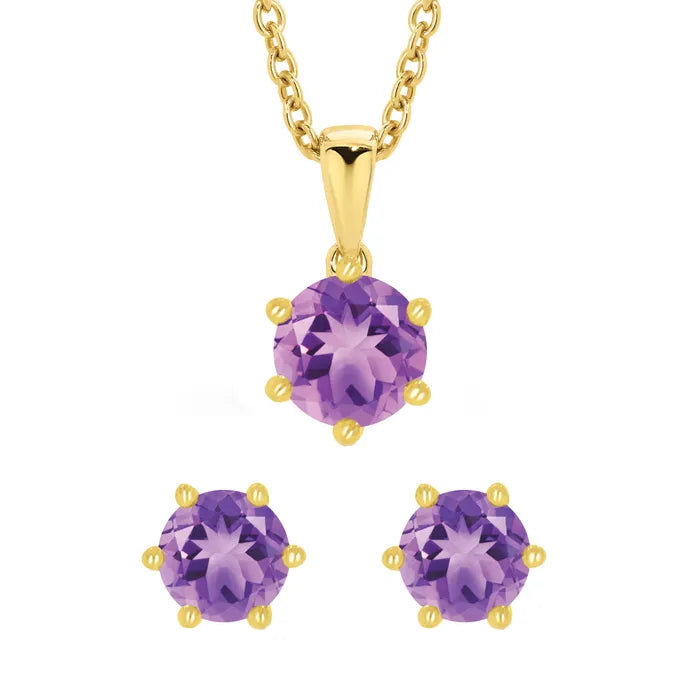 9ct Yellow Gold Amethyst Claw Set Pendant and Earring Set