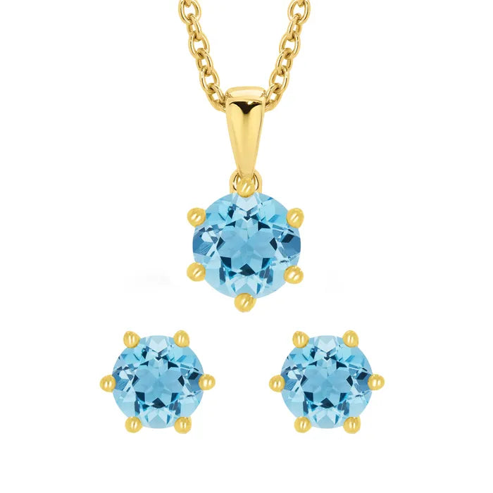 9ct Yellow Gold Blue Topaz Claw Set Pendant and Earring Set