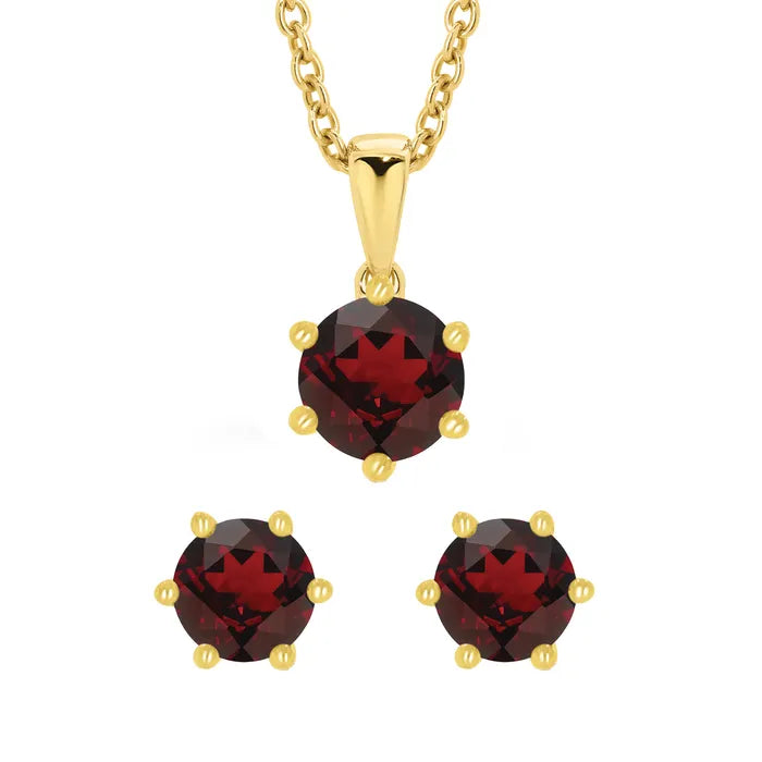 9ct Yellow Gold Garnet Claw Set Pendant and Earring Set