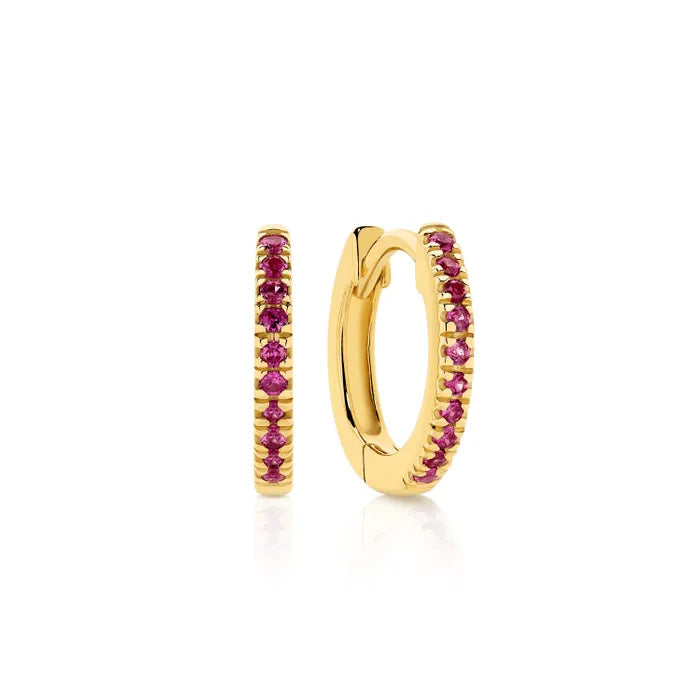 9ct Yellow Gold Pink Sapphire Mini Huggie Earrings