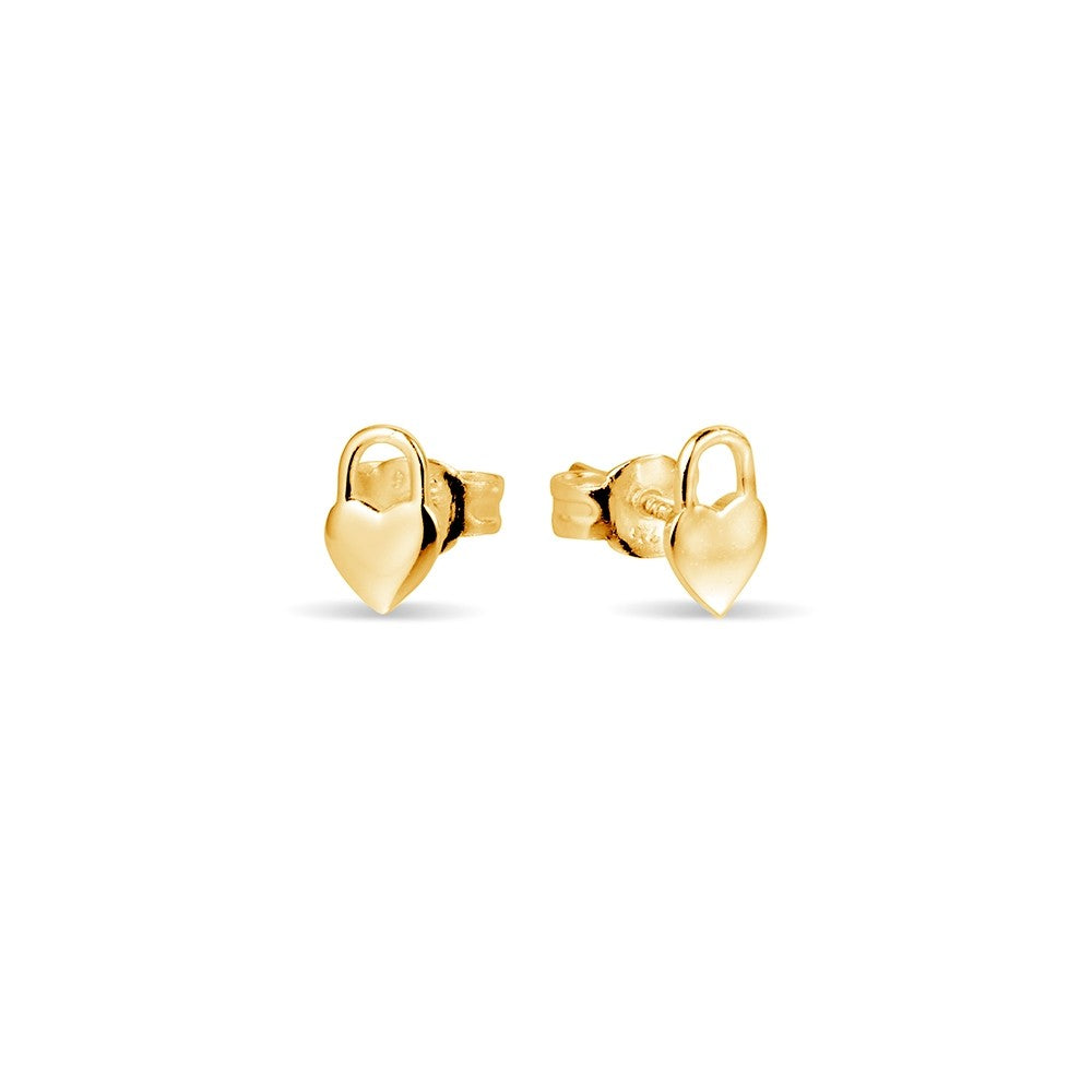 Gold Plated Padlock Heart Stud Earrings