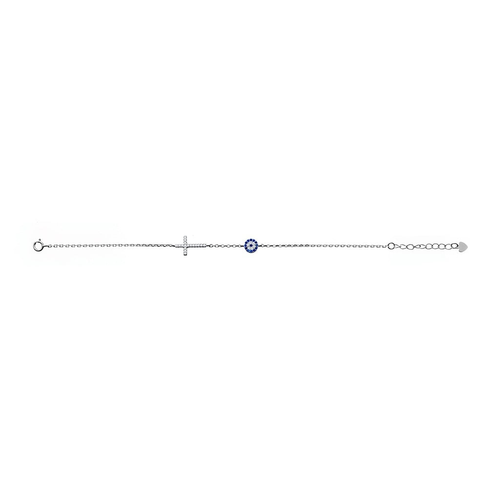Sterling Silver Cubic Zirconia Evil Eye Cross Bracelet