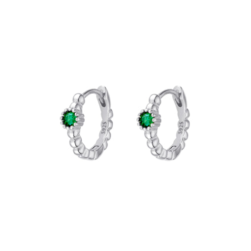 Sterling silver textured hoop earrings with emerald detail