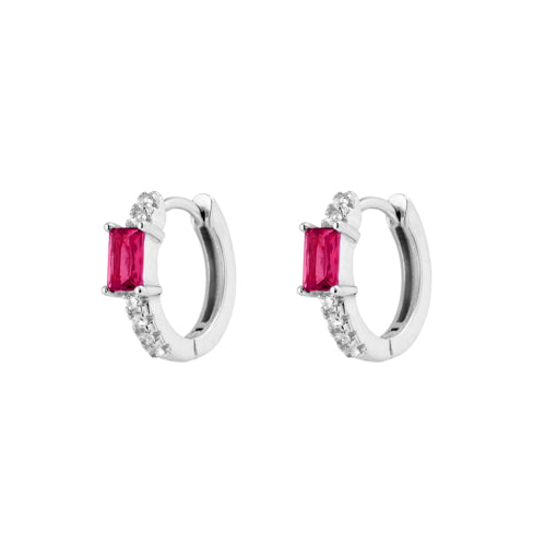 Sterling silver hoop earrings with CZ stones and ruby pink feature