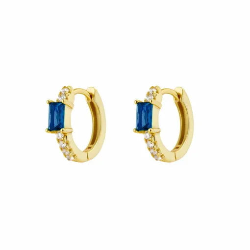 Sterling silver gold plated hoop earrings with CZ stones and sapphire feature