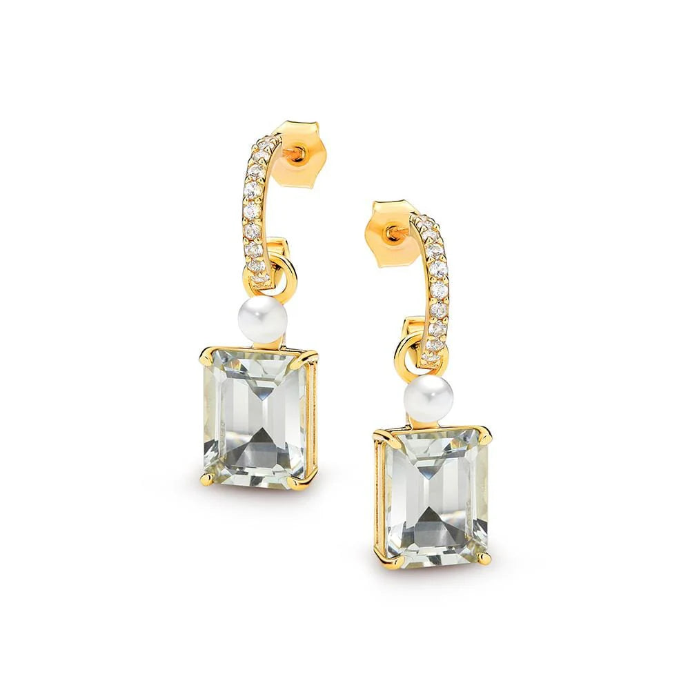 Golden Light Earrings - 9ct yg white 3mm button FWP green amethyst/ white topaz earrings