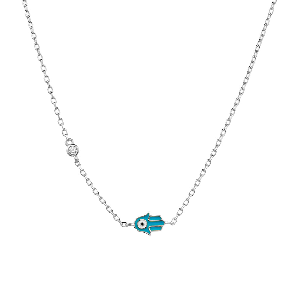 Sterling silver fine link chain necklace with single CZ and enamel hamsa hand
