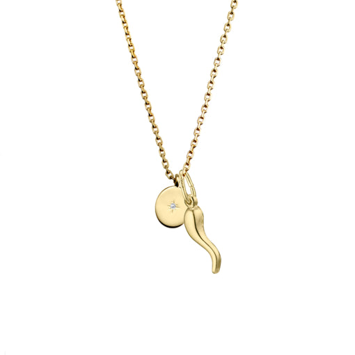 Sterling silver YGP necklace with oval CZ pendant and Cornicello charm