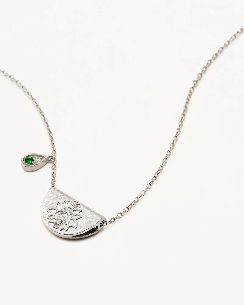 By Charlotte Sterling Silver Lotus Birthstone Necklace - May - Emerald